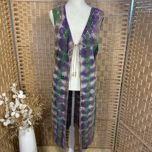 Long Crochet Vest in Purple, Green & Cream